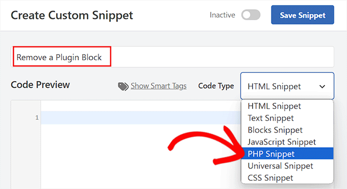 如何在 WordPress 中移除区块（4 种简单方法） select-php-snippet-to-remove-plugin-block20251114_ -15