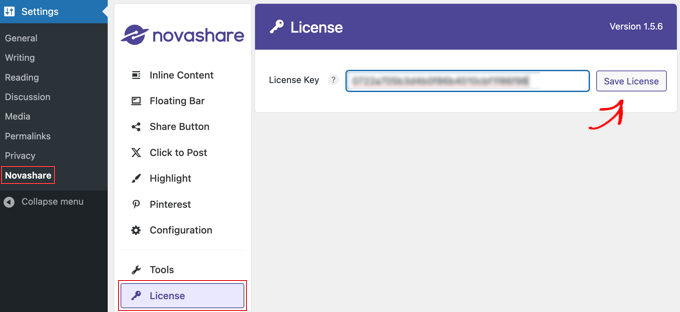 如何在 WordPress 中添加社交分享按钮（4 种简单方法） socialshare-novashare-license20251114_ -3