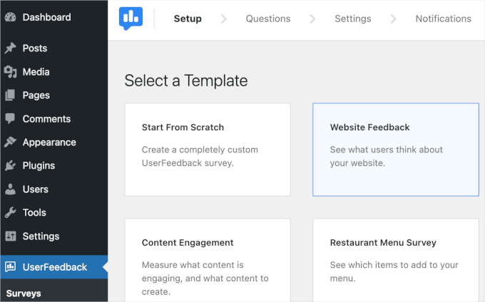 9款最佳WordPress联系表单插件，精选的5款 userfeedback-survey-addnew-selecttemplate-websitefeedback20251114_ -16