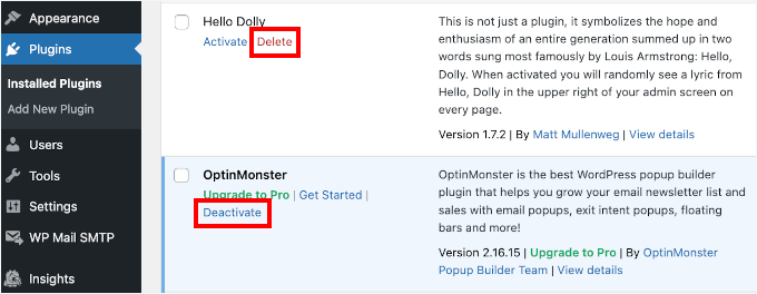 如何安装 WordPress 插件——新手入门分步指南 wp-plugins-installedplugins-delete-deactivate20251114_ -10