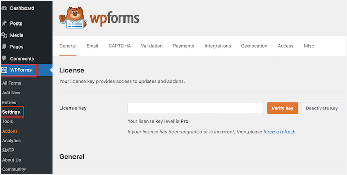 如何在 WordPress 中创建调查问卷（使用 Beautiful Reports） wpforms-settings-license-key20251114_ -8
