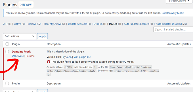 如何修复 WordPress 中的严重错误（分步指南） deactivate-plugin20251201_ -11