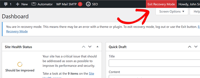 如何修复 WordPress 中的严重错误（分步指南） exitrecoverymode20251201_ -13