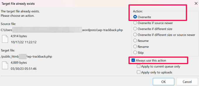 如何修复 WordPress 中的严重错误（分步指南） overwritecorefiles20251201_ -22