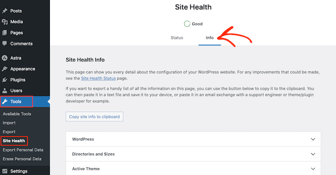 如何修复 WordPress 中的严重错误（分步指南） site-health-info20251201_ -24