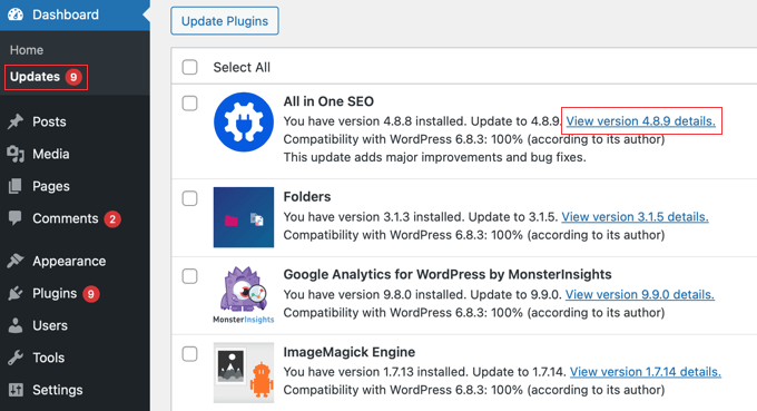 WordPress 更新导致网站崩溃？这里有一个 5 分钟回滚方案 updates-view-version-details20251201_ -2